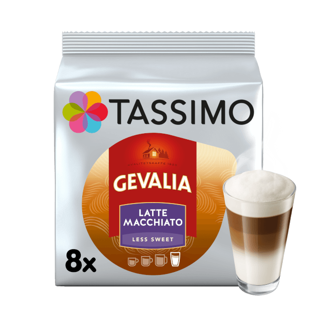 TASSIMO LATTE MACCHIATO LESS SWEET Latte Macchiato med mild sötma och fint skum. Innehåller 30% mindre socker än Latte Macchiato Original.